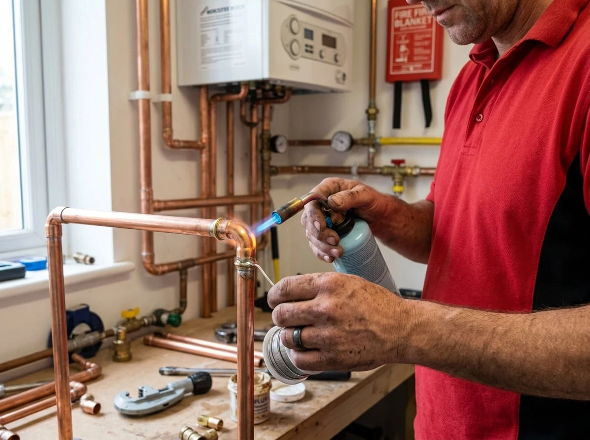 Sunbury Plumbers engineer soldering copper pipe fittings for a new boiler installation in Sunbury-on-Thames